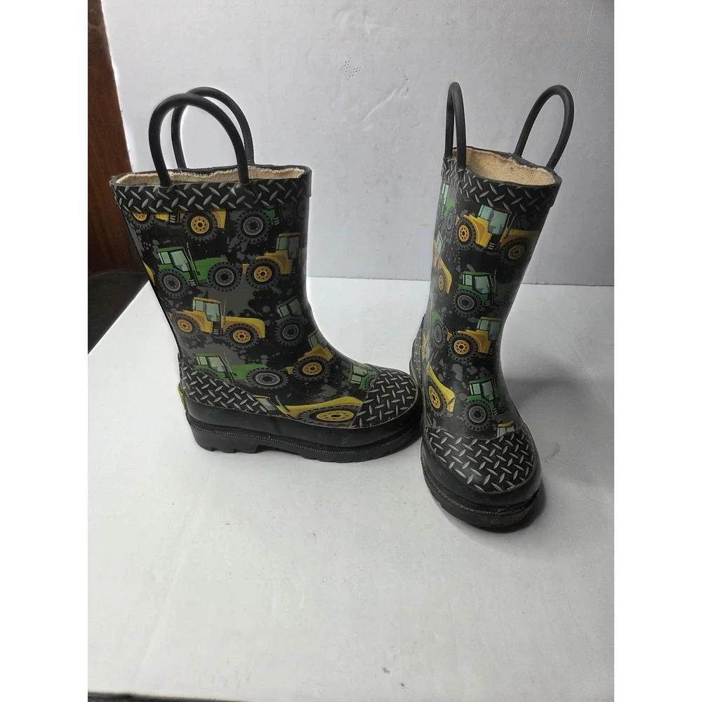 Western Chief Boys Tractor Print Rubber Rain Boots Black Green Yellow Size 7/8